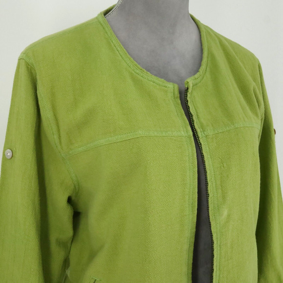 Chicos Jacket 1 Womens Medium 8 Green Full Zip Pockets Roll Tab Sleeve FLAW - Picture 7 of 16